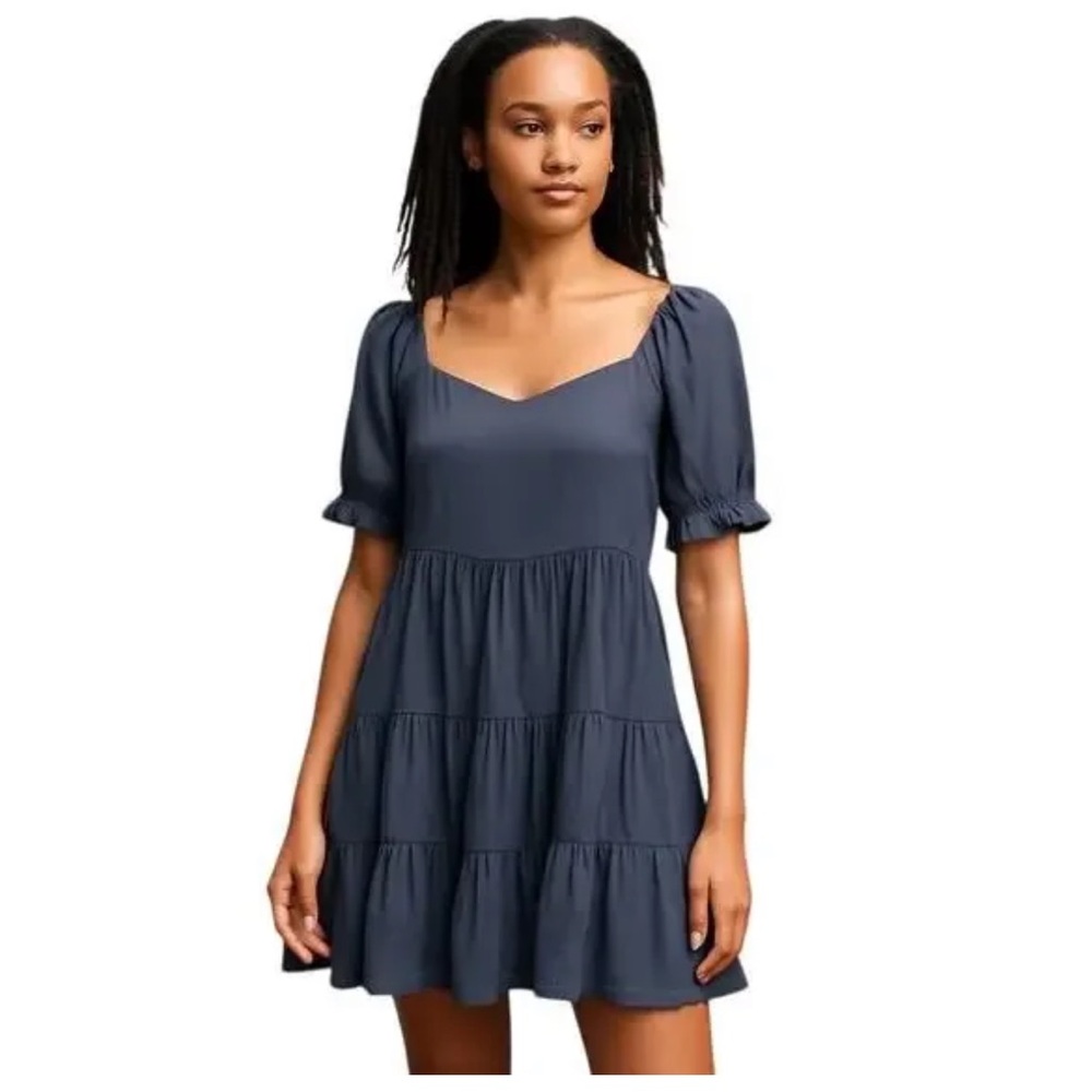 Beyond‎ Words Puff Sleeve Tiered Blue Dress